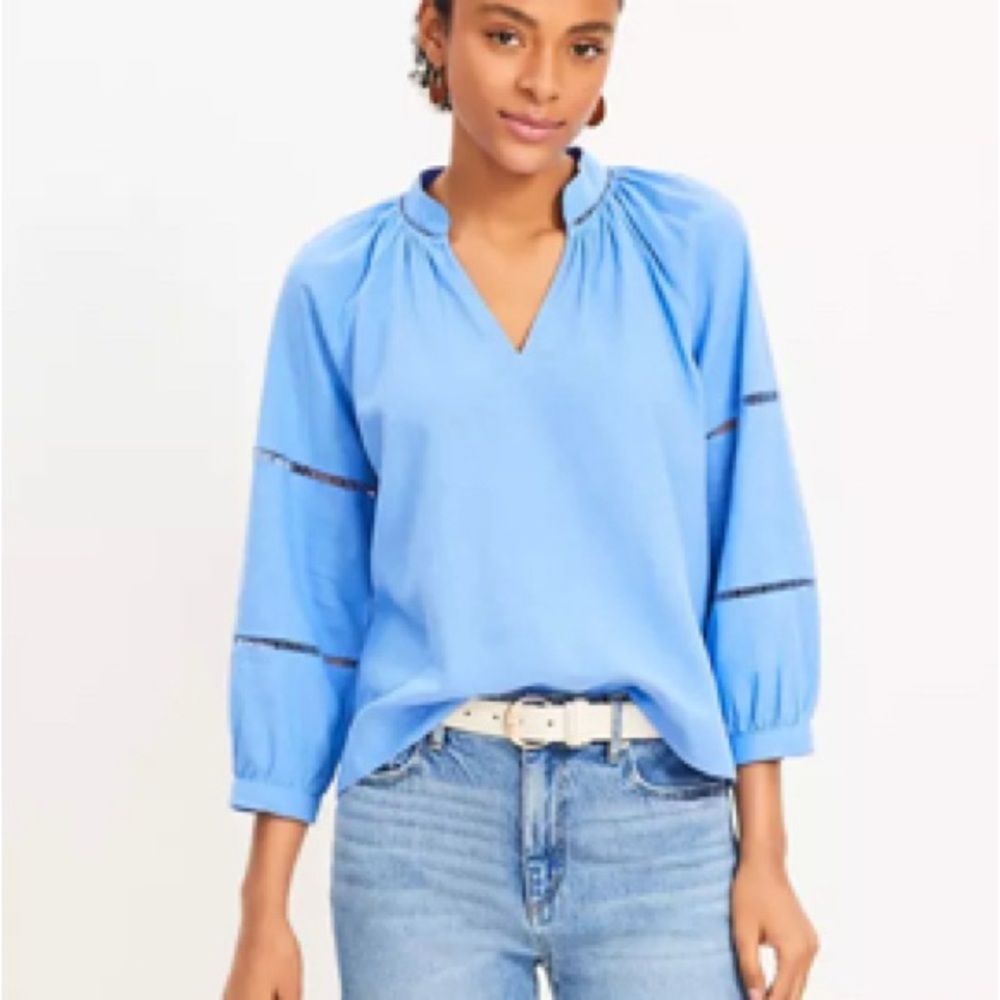 LOFT Blue Mandarin Collar Relaxed Blouse